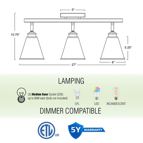 Ellis 27 Inch Industrial 3 Light Track Lighting With Adjustable Heads, schematic, vintage oil-rubbed bronze finish dimensions