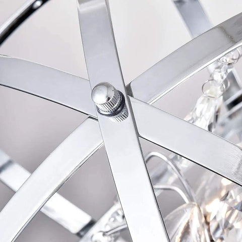 Close-up of the chrome finish sphere cage of Globe Four Light Crystal Chandelier With Industrial Sphere Cage Chrome Finish Adjustable.