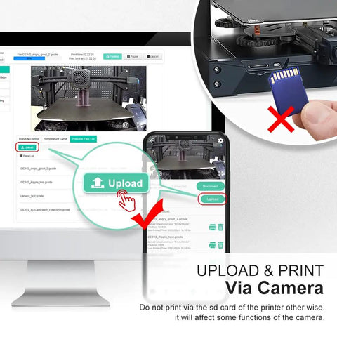 Heavy Duty 3D Printer Camera With Wifi Remote Monitoring And Auto Time Lapse For Makers No Sweat Plug And Play Setup Includes 32Gb MicroSD Card showing upload interface for remote printing.