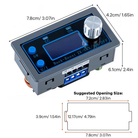 Front view of Buck Boost DC Power Converter CC CV 0.6 To 36 Volt Output 5 Amp Lab Power Supply Module with adjustable voltage
