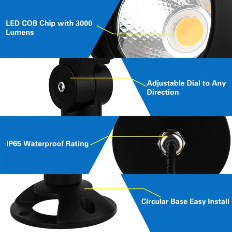 30W LED Landscape Spotlight 12V Low-Voltage Outdoor Lighting, 3000K Warm White, IP65 Waterproof, adjustable dial feature