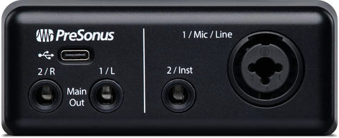 Front view of Ultra Compact USB C 2x2 Audio Interface, showing input and output ports for microphones and instruments.