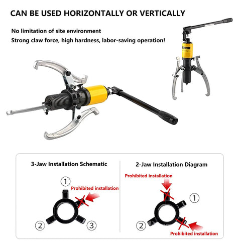 Heavy Duty Hydraulic Wheel Bearing Puller For Removal Of Sprockets Rotors Axles Using 30 Ton Power With Rust Proof Steel Jaws Vertical Horizontal Configuration For Max Flexibility During Nasty Grinds Top Pick For Mechanics Seeking Heavy Duty Solutions., 3-jaw setup shown horizontally and vertically