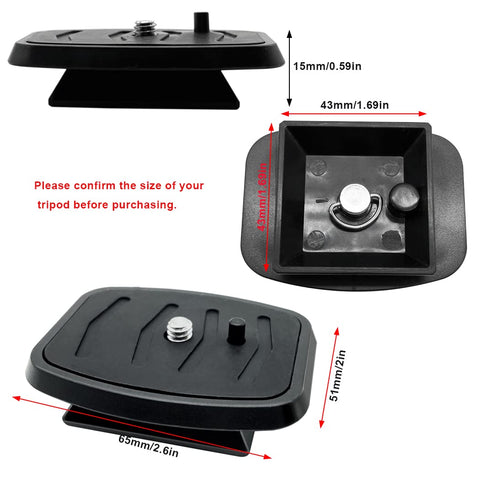 Two Pack 41mm And 43mm Quick Release Camera Mount Plates, Two Size QR Plate Adapters For Tripods. Dimensions and details shown.