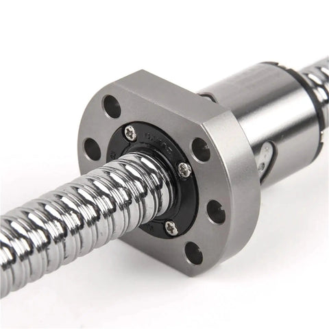 Close-up of Beefy Ball Screw SFU1605 With Flange Single Ball Nut RM1605 End Machined For CNC Machines 600mm Travel Smooth Low Friction
