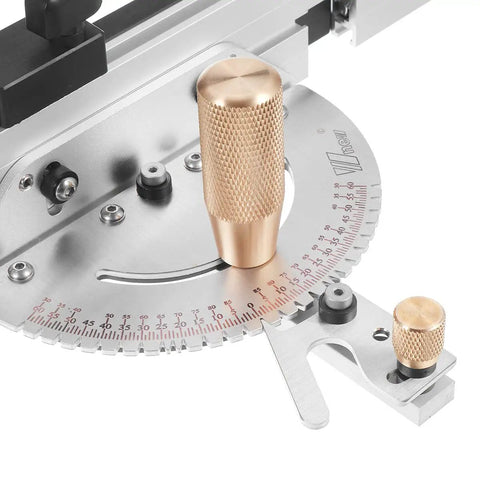 Brass Handle Miter Gauge 450mm 27 Degree With Box Joint Jig Track Stop for woodworking, close-up on aluminum rail and bearings