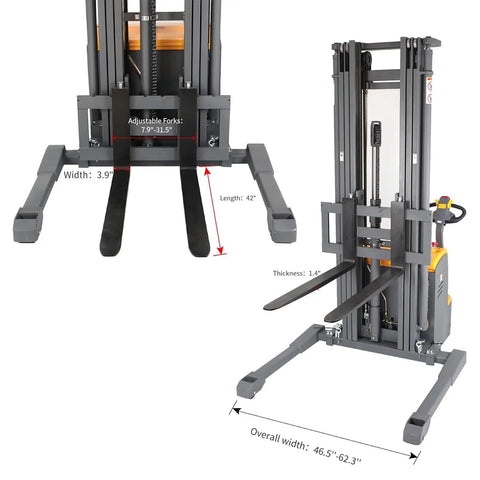 Pro Grade Electric Powered Stacker With Straddle Legs For Warehouse Heavy Duty Material Lift 3300 Lb Capacity 177 Inch Max Height showing adjustable fork dimensions.
