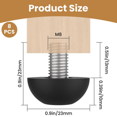 Eight Pack M8 Adjustable Furniture Leveling Feet With Stainless Steel Threads And Screw In Glides Size Diagram