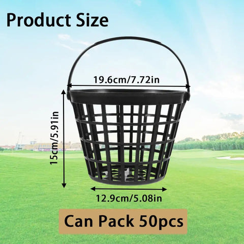Black portable golf ball basket with handle holds up to 50 balls, shown with measurements and landscape background.