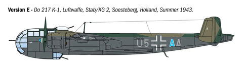 Dornier Do 217 K1 K2 Bomber Model Kit With Fritz X Guided Bombs 1 72 Scale Unpainted Plastic Assembly side view illustration