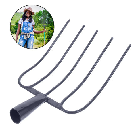 Handheld Manure Fork With Solid Iron Tines For Gardening Farming And Lawn Maintenance, dark blue fork with woman in background