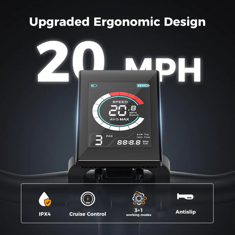 Display showing 20 MPH, speedometer of EB5 1000W Peak Brushless Motor Dope Electric Bike For Adults With Removable 500Wh Battery.