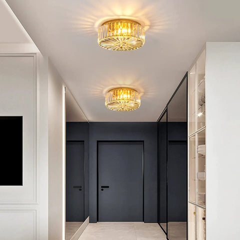 Four Light Crystal Drum Ceiling Light Fixture With Gold Brass Finish in modern room, flush mount, ambient glow in hallway