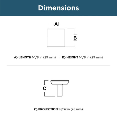 Diagram showing dimensions of Matte Black One And One Eighth Inch Square Cabinet Knobs 10 Pack For Dresser Drawers Kitchen