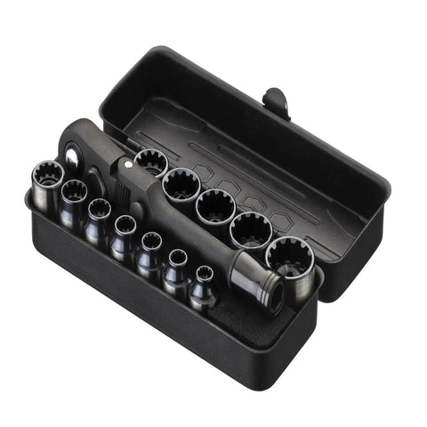 Torx Bit Set 77-Piece With 2 In 1 Ratchet Magnetic Bit Holder showing black ratchet and socket set in open case.