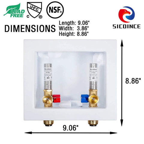 Washing Machine Outlet Box With Water Hammer Arrestor And One Quarter Turn Ball Valves Stop Hammering Noise Easy Install Inlet Half Inch Push To Connect Outlet Three Quarter Inch Male Thread Durable Brass Construction, dimensions shown with lead-free certification.