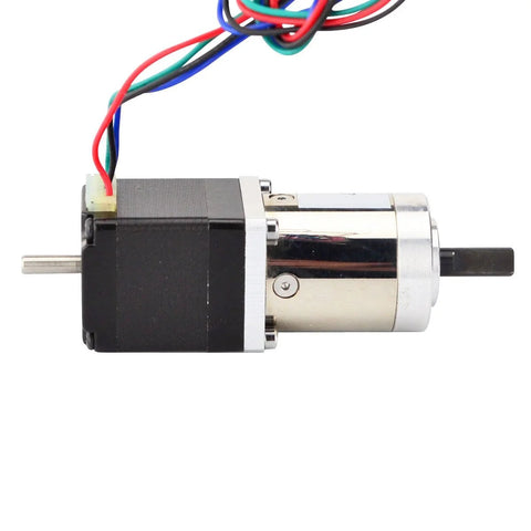 Stepper motor with 27:1 planetary gearbox, NEMA 11, dual shafts (left and right), black housing