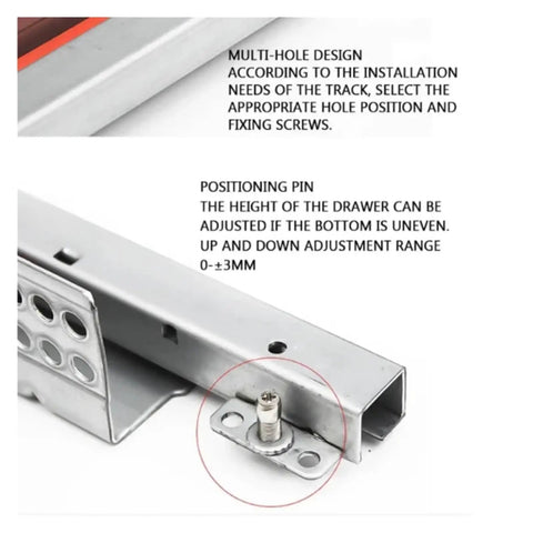 Close-up of Heavy Duty Side Mounted Ball Bearing Drawer Slides Featuring Slick Push To Open Action with adjustable positioning pin.