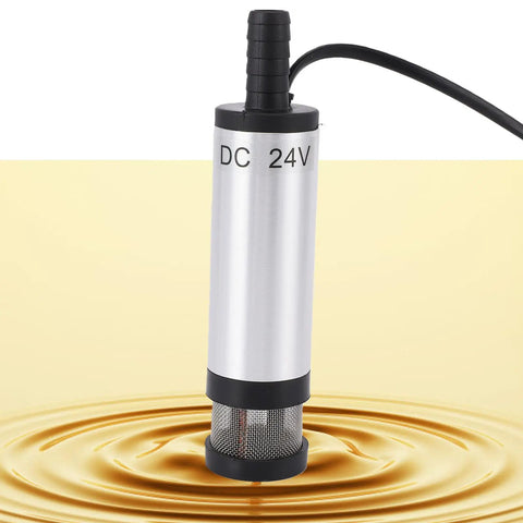Hilitand 24V Electric Submersible Pump for Diesel Fuel and Water Transfer showing stainless steel body and filter screen in liquid.