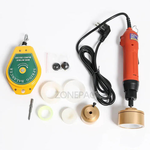 Rock Solid Handheld Bottle Capping Machine With Adjustable 10 To 50 MM Screw Cap Sealer 110V Electric Capper Tool components including motor, accessories, and capping heads.
