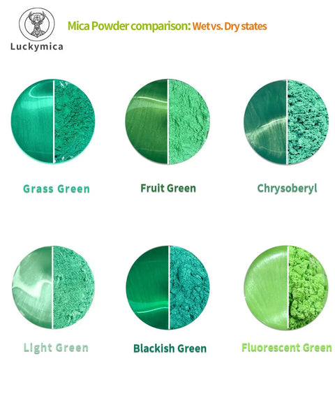 Mica Powder comparison of wet and dry states showing Grass Green, Fruit Green, Chrysoberyl, Light Green, Blackish Green, Fluorescent Green.