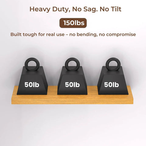 Heavy Duty Floating Shelf Brackets Set Black Metal Mantel Brackets For Hidden Shelving Mounting Decorative Floating Shelf Hardware with weights showing 150 lb capacity.