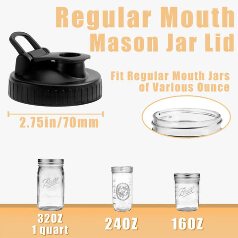 Total Game Changer Pour Spout Lids For Regular Mouth Mason Jars Heavy Duty Flip Caps leak proof black lid compatible with 70mm jars.
