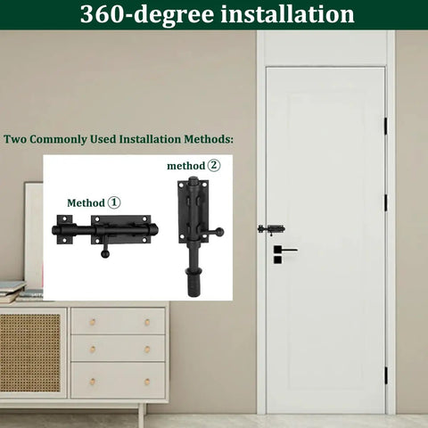 Two installation methods for heavy duty black stainless steel slide bolts and barrel locks for security.