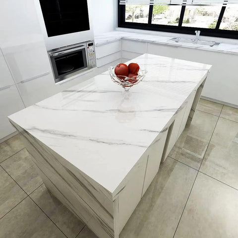 Kitchen island with White Marble Contact Paper Peel And Stick For Countertops Waterproof Self Adhesive Marble Wallpaper.