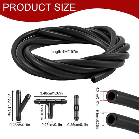 Heavy Duty Black Rubber Windshield Washer Hose Kit With 24 Piece Leak Proof T Y I Connector Set For Auto Car Truck Fluid Line Repair, 4M length.