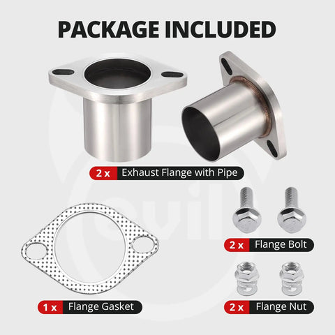 Universal 2 Bolt Exhaust Flange Repair Piping Kit With Premium 304 Stainless Steel Gasket Set includes flanges and bolts.