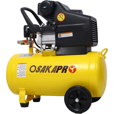 Top Rated 3.5HP Quiet Air Compressor With 10 Gallon Oil Lubricated Horizontal Tank And 115 PSI Pressure Output showing a yellow tank with wheels.