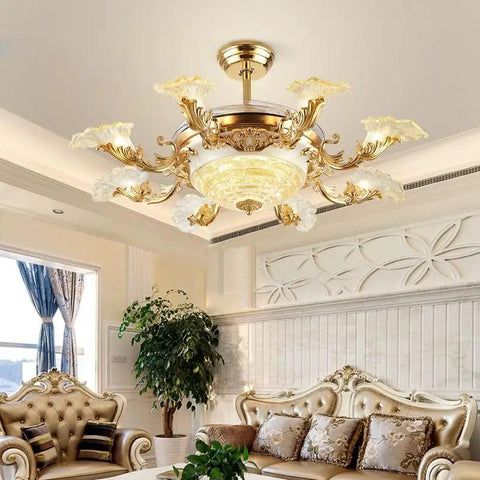 Luxury European Ceiling Fan Light With Remote Control And Invisible Blade Fan Chandelier In Trace Gold Finish Boasting 8 E27 Bulbs And 42 Inch Size For Epic Vibe in an elegant living room setting.