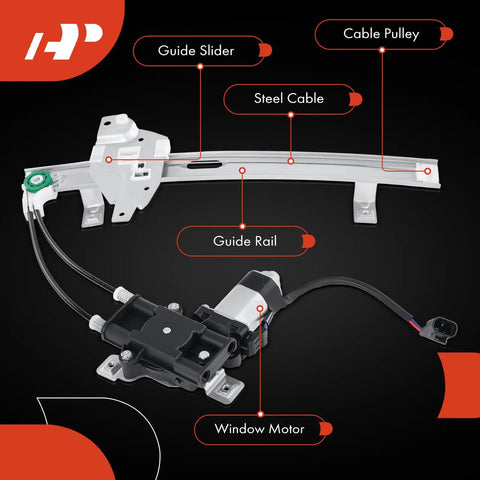 Power Window Regulator With Motor Replacement For Buick Century 1997 2005 Regal Oldsmobile Intrigue 1998 2002 Rear Left Driver Side Easy Fit OE Replacement showing guide rail, pulley, motor, and cable.