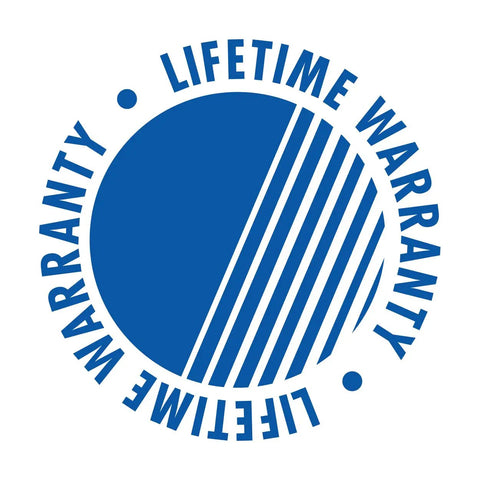 Lifetime warranty badge with blue circle and diagonal lines design