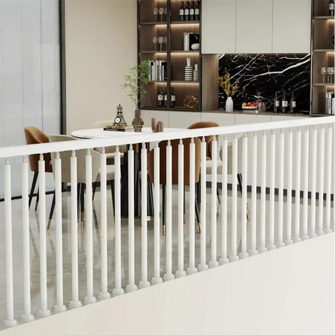 Heavy Duty White Stair Railing Posts And Spindles, 25 Pack Of 47 Inch Stainless Steel Balusters With Adjustable Brackets, Built Solid For Deck And Indoor Stairs, Gotta Love The Easy Setup, Top Tier Home Upgrade, featuring sleek spindles in a modern kitchen layout.