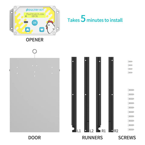 Rainproof Automatic Chicken Coop Door Opener kit with aluminum door, opener unit, runners, and screws shown for easy install.