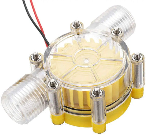 On The Go Micro Hydroelectric Turbine Generator Portable Water Charger With Half Inch Inlet 80V Output For Outdoor Off Grid Power UV Resistant And Built Tough For Long Life featuring a clear and yellow compact unit with wiring and half inch inlet.