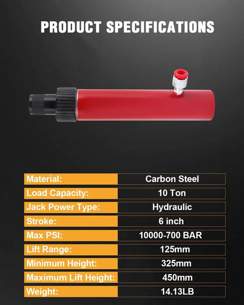 Top Shelf 10 Ton Hydraulic Porta Power Hand Pump Built With Hella Sturdy Chrome Plungers And Heavy Duty Forged Steel Bodies For Direct Frame Straightening And Dead Reliable Shop Grind Performance, red carbon steel with specifications.