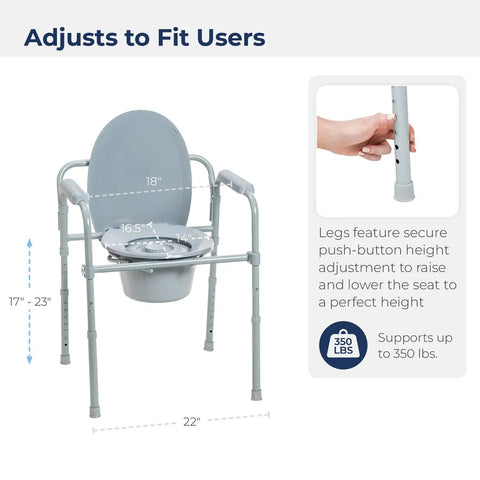 Foldable Steel Bedside Commode Chair 3 In 1 Raised Toilet Seat And Bathroom Safety Frame featuring adjustable height from 17" to 23".
