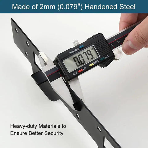 Close-up of caliper measuring 2mm thickness of Oil Rubbed Bronze Door Strike Plate With Reinforced Torx Screws And Bit For Exterior And Interior Doors