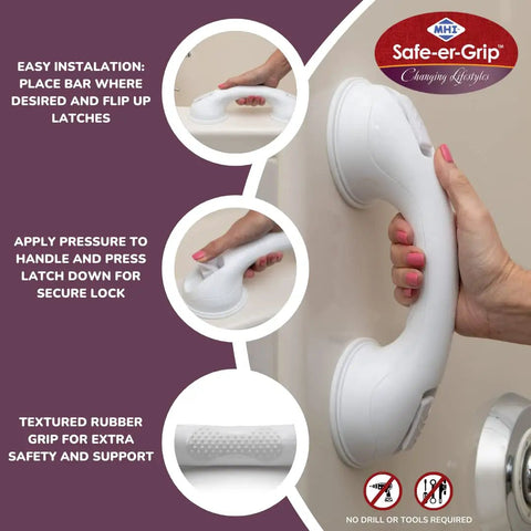 No Tools Needed Suction Cup Bath Grab Bar For Bathtub And Shower Walls Safe Portable Bathroom Assist Handle White 12 Inch With Easy Lock Latches And Relocatable Grip For Seniors And Everyday Use demonstrating easy installation and secure grip.
