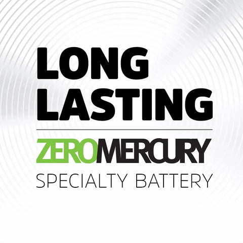 Long-lasting Zero Mercury specialty battery for various devices, emphasizing environmentally friendly performance.