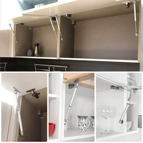 Two Pack 100N Gas Spring Cabinet Lift Hinge With Soft Open And Gentle Close supporting kitchen cabinet doors.