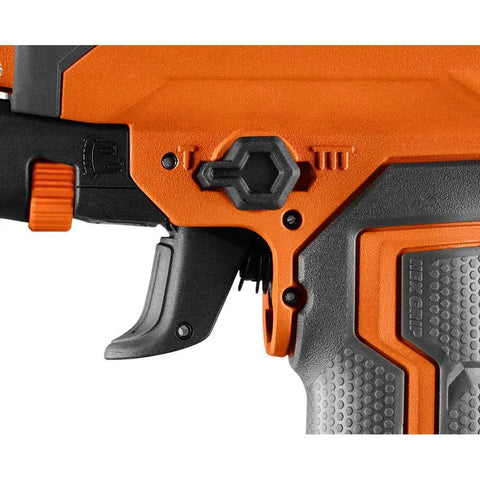 Close-up of Pneumatic 18 Gauge Brad Nailer Two And One Eighth Inch With Clean Drive Technology showing trigger and dial detail