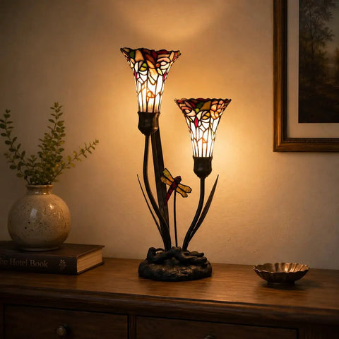 Lily Flowers And Dragonfly Tiffany Style Stained Glass Table Lamp 19 Inch Tall Handcrafted Accent Lighting With Warm White Glow