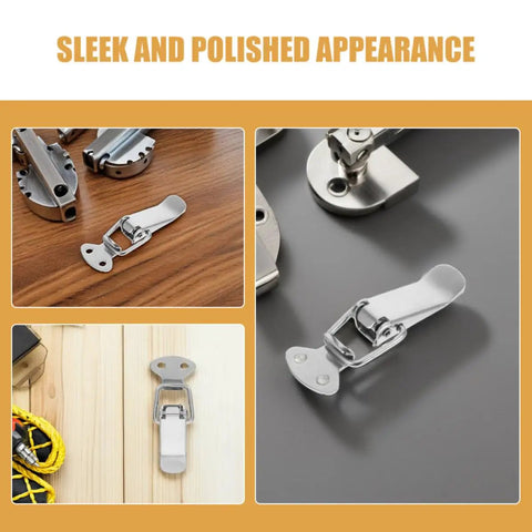 Top Notch 10 Piece Stainless Steel Toggle Hasp Latch Kit For Toolbox Cabinet Boxes And Storage Trunks With Durable Spring Lock Mechanism, showing polished metal latches on different surfaces.