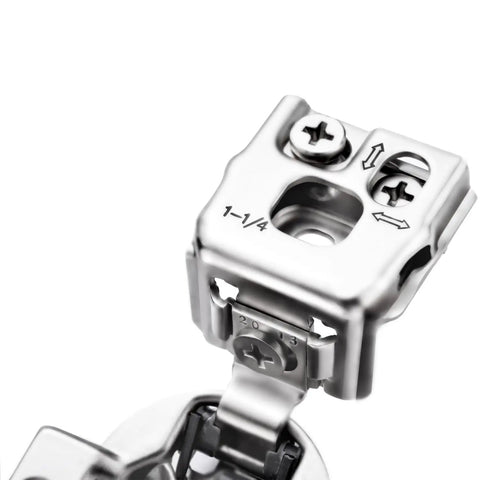 Forty Pack Pro Grade Soft Close Cabinet Hinges For Face Frame Doors One Quarter Inch Overlay Satin Nickel adjustable hinge mechanism close-up.