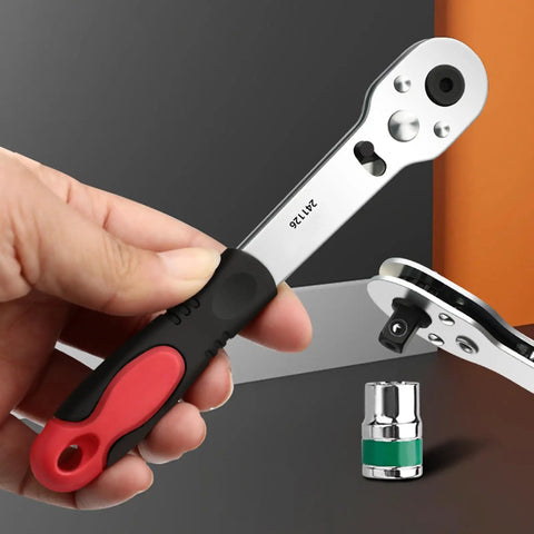 Heavy Duty One Quarter Inch Ratcheting Wrench Set Forged From Durable Carbon Steel in hand, ideal for tight spaces.
