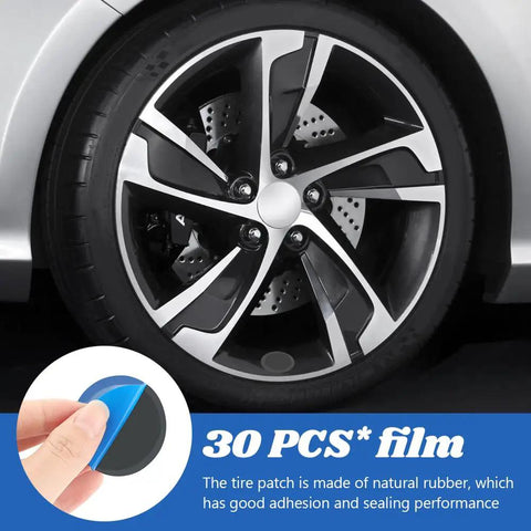 Heavy Duty Tire Repair Patch Kit 33 Piece Tool Set Includes Tungsten Buffing Wheel Roller and Scraper for Quick Back On The Road Fixes to Heal Car Punctures Without the Garage Headaches or Fat Wallet Pain Tonight, showing rubber tire patch and wheel details.